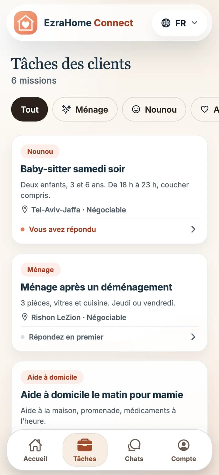 Écran des tâches dans l’application pour les spécialistes